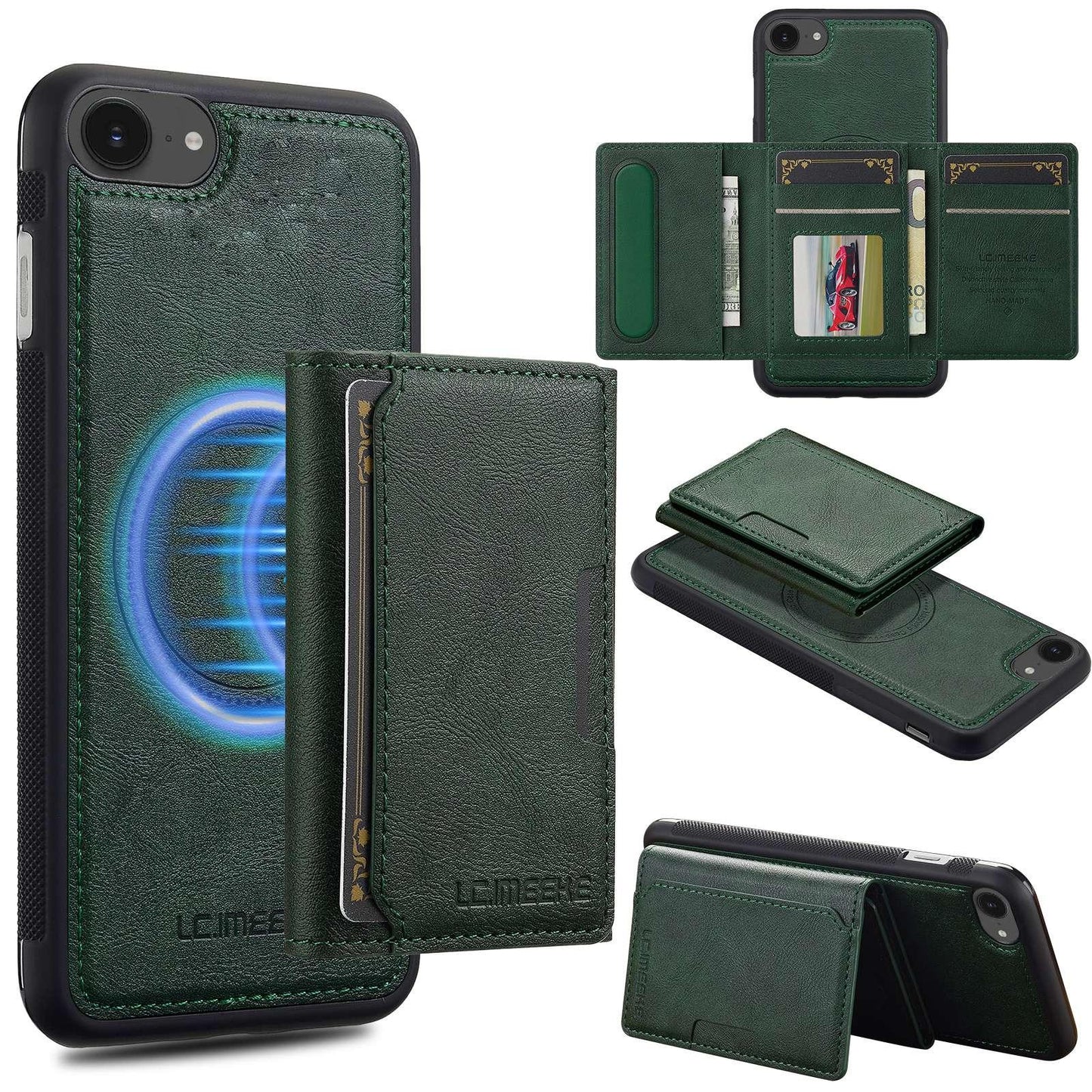 For-iPhone-17e-/-16e-LC.IMEEKE-L5-Series-Detachable-RFID-Card-Bag-Magsafe-Phone-Case(Green)
