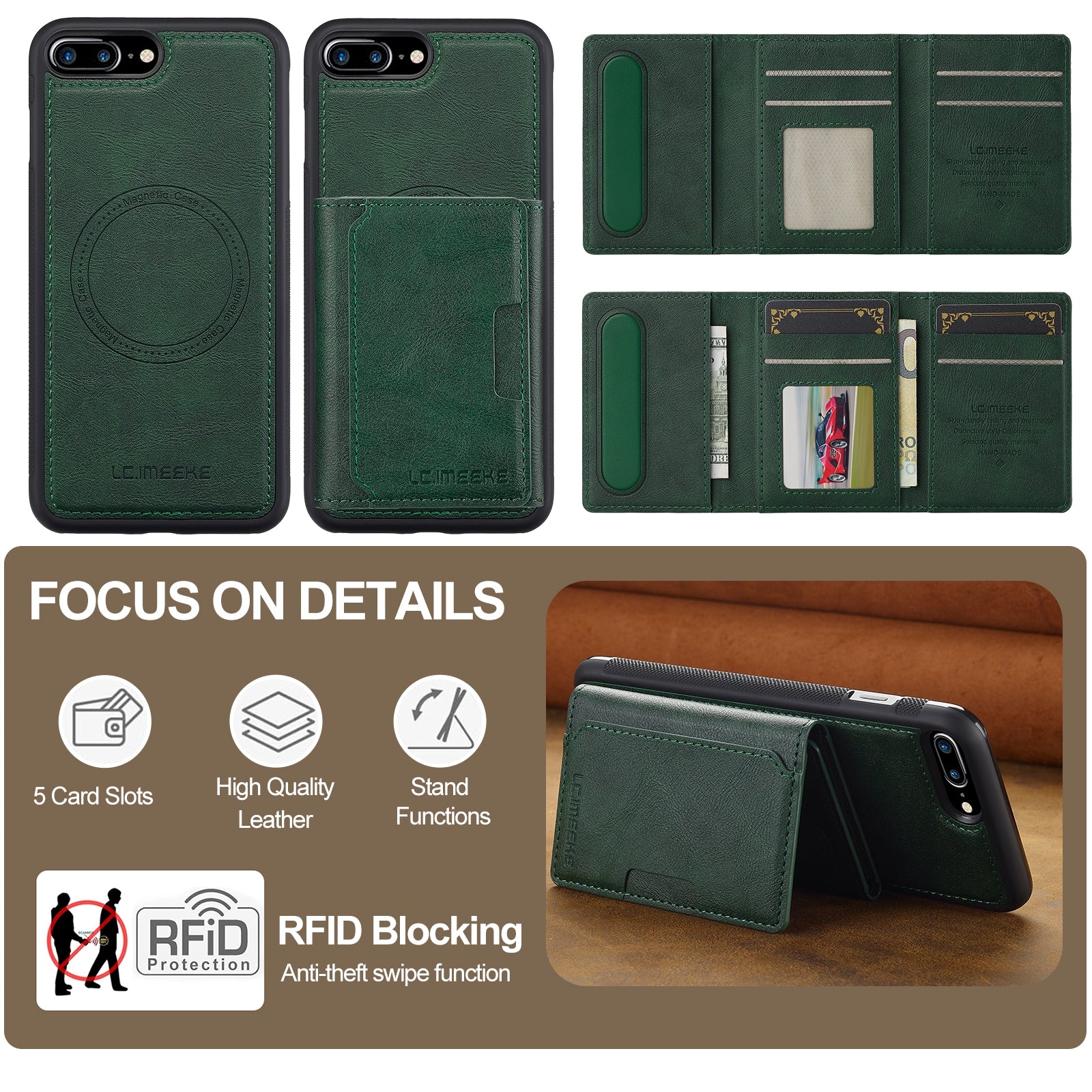 For-iPhone-17e-/-16e-LC.IMEEKE-L5-Series-Detachable-RFID-Card-Bag-Magsafe-Phone-Case(Green)