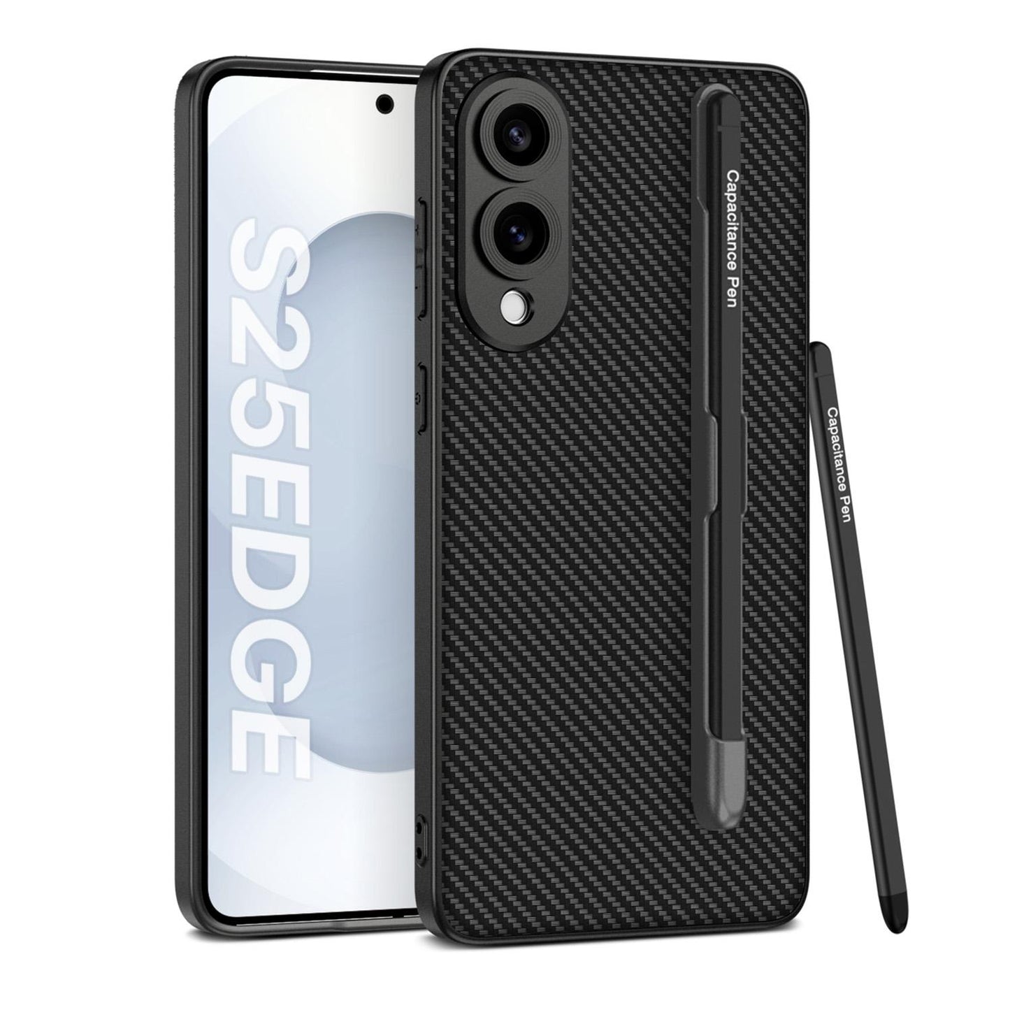 For-Samsung-Galaxy-S25-Edge-5G-GKK-Metal-Paint-Skin-Feel-Leather-Phone-Case-with-Pen(Carbon-Fiber-Black)