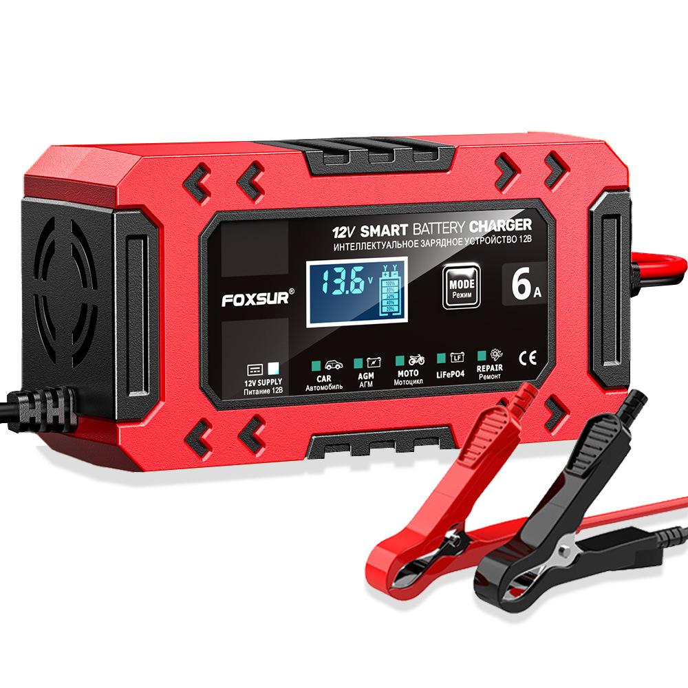 FOXSUR-FBC1206F-12V-6A-Car-Motorcycle-Battery-Charger-Smart-Repair-Multi-function-Charger,-EU-Plug(Red)