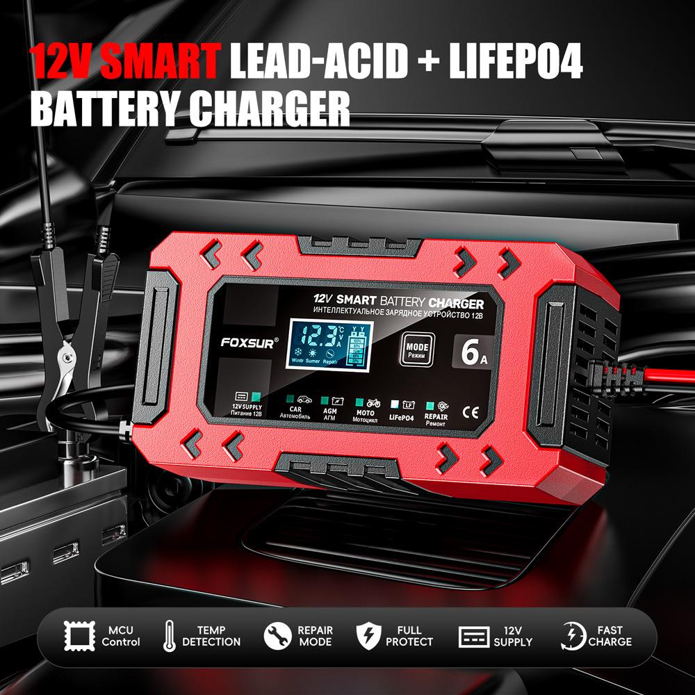 FOXSUR-FBC1206F-12V-6A-Car-Motorcycle-Battery-Charger-Smart-Repair-Multi-function-Charger,-EU-Plug(Red)