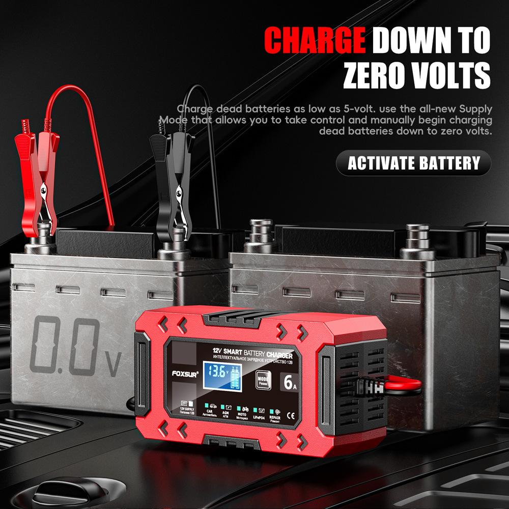 FOXSUR-FBC1206F-12V-6A-Car-Motorcycle-Battery-Charger-Smart-Repair-Multi-function-Charger,-EU-Plug(Red)