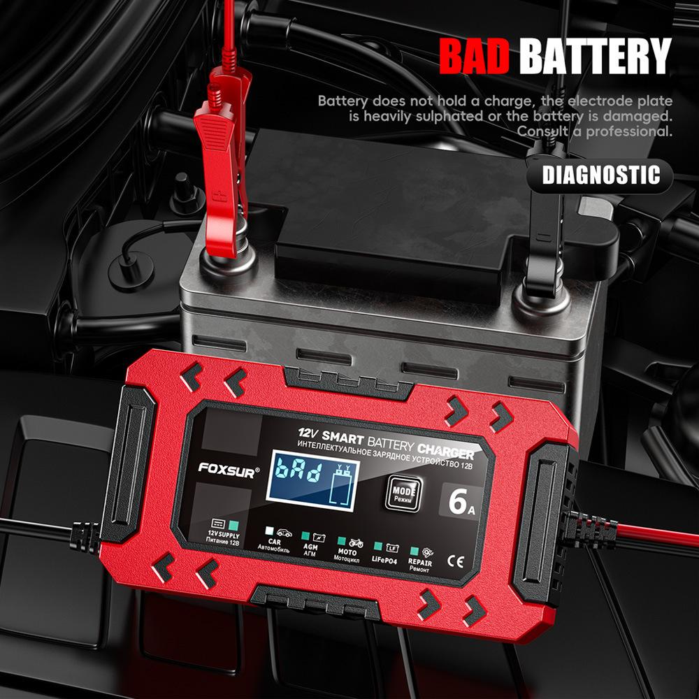 FOXSUR-FBC1206F-12V-6A-Car-Motorcycle-Battery-Charger-Smart-Repair-Multi-function-Charger,-EU-Plug(Red)