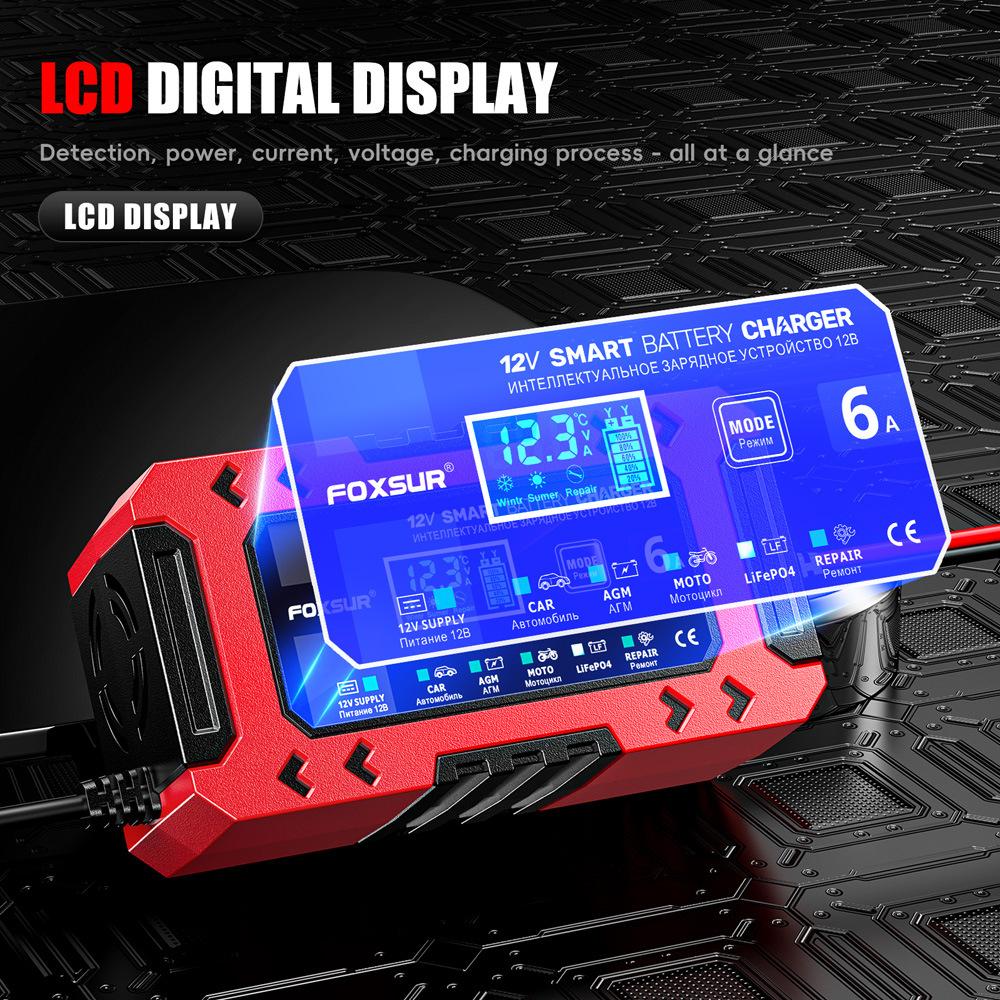 FOXSUR-FBC1206F-12V-6A-Car-Motorcycle-Battery-Charger-Smart-Repair-Multi-function-Charger,-EU-Plug(Red)
