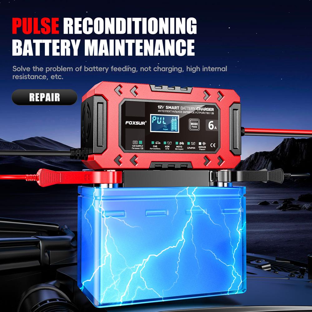 FOXSUR-FBC1206F-12V-6A-Car-Motorcycle-Battery-Charger-Smart-Repair-Multi-function-Charger,-EU-Plug(Red)