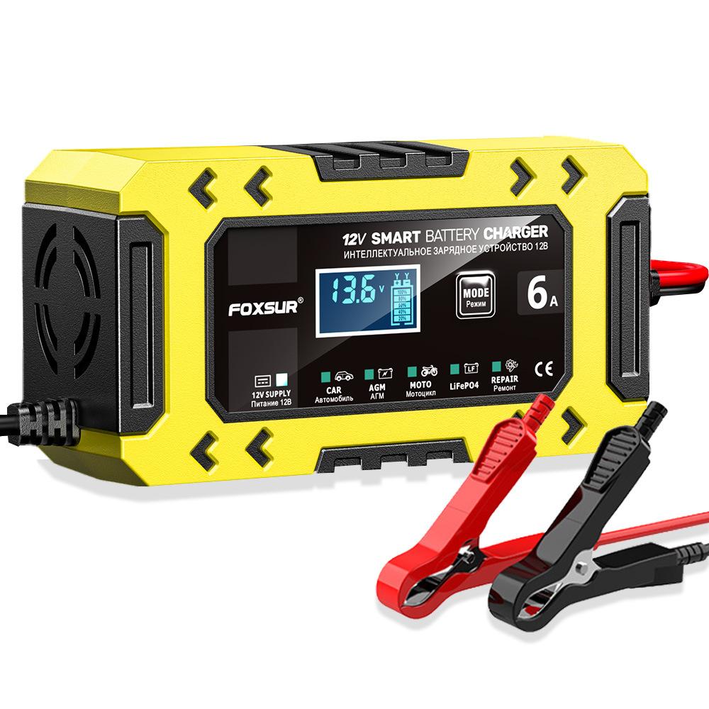 FOXSUR-FBC1206F-12V-6A-Car-Motorcycle-Battery-Charger-Smart-Repair-Multi-function-Charger,-EU-Plug(Yellow)