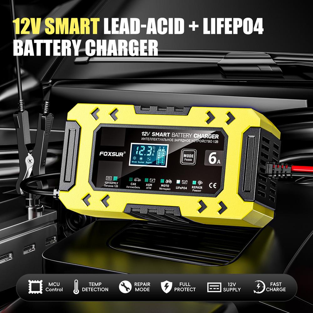 FOXSUR-FBC1206F-12V-6A-Car-Motorcycle-Battery-Charger-Smart-Repair-Multi-function-Charger,-EU-Plug(Yellow)