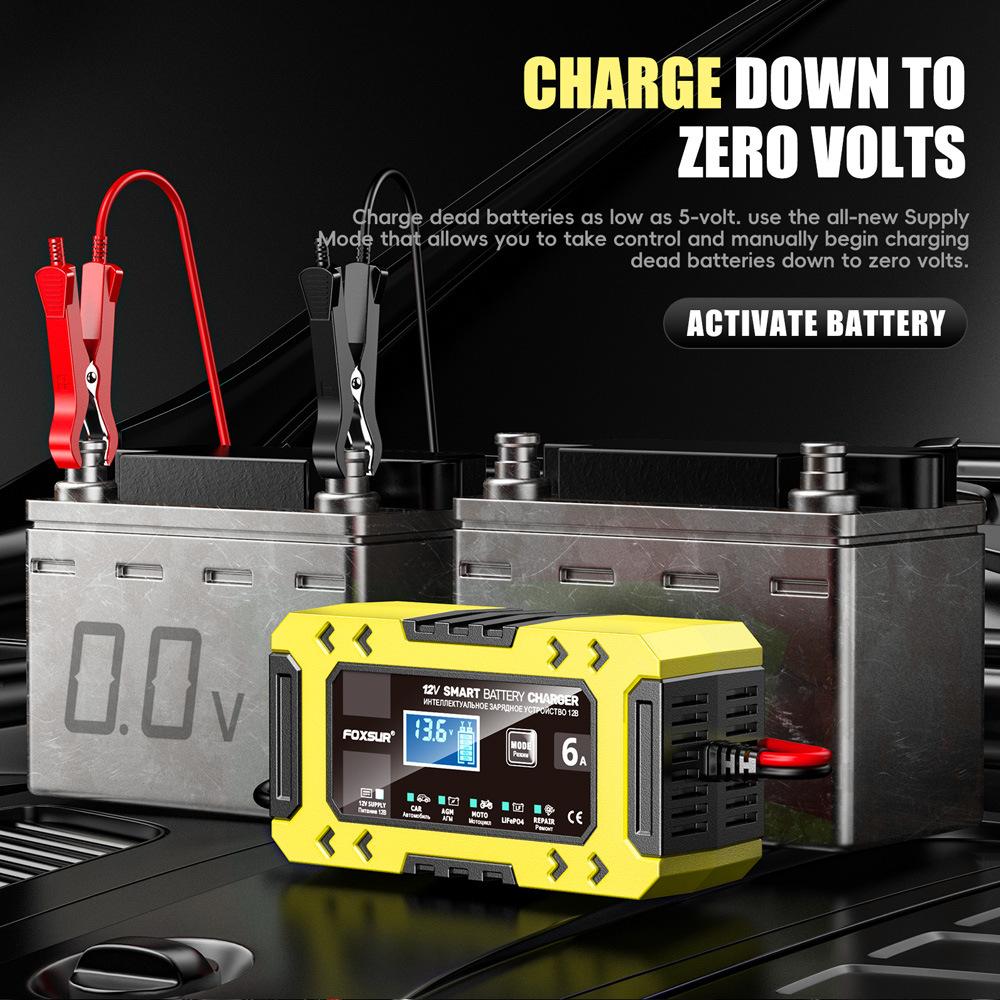 FOXSUR-FBC1206F-12V-6A-Car-Motorcycle-Battery-Charger-Smart-Repair-Multi-function-Charger,-EU-Plug(Yellow)