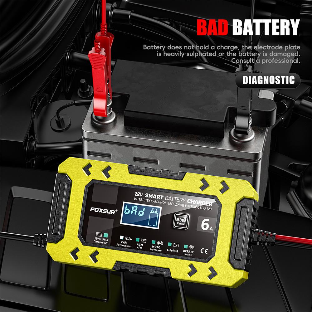 FOXSUR-FBC1206F-12V-6A-Car-Motorcycle-Battery-Charger-Smart-Repair-Multi-function-Charger,-EU-Plug(Yellow)