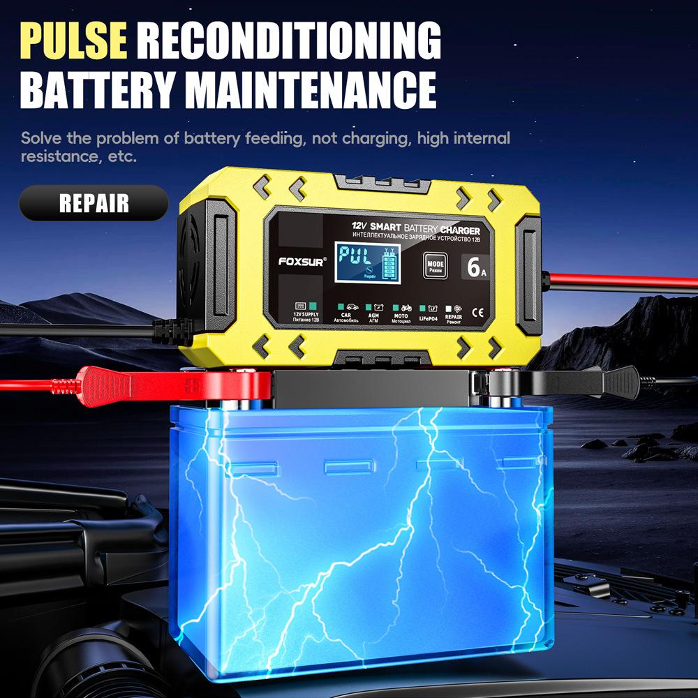 FOXSUR-FBC1206F-12V-6A-Car-Motorcycle-Battery-Charger-Smart-Repair-Multi-function-Charger,-EU-Plug(Yellow)
