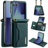 For-Samsung-Galaxy-Z-Flip7-5G-DG.MING-M2-Series-3-Fold-Multi-Card-Bag-hybrid-Magnetic-Phone-Case-with-Long-Lanyard(Green)