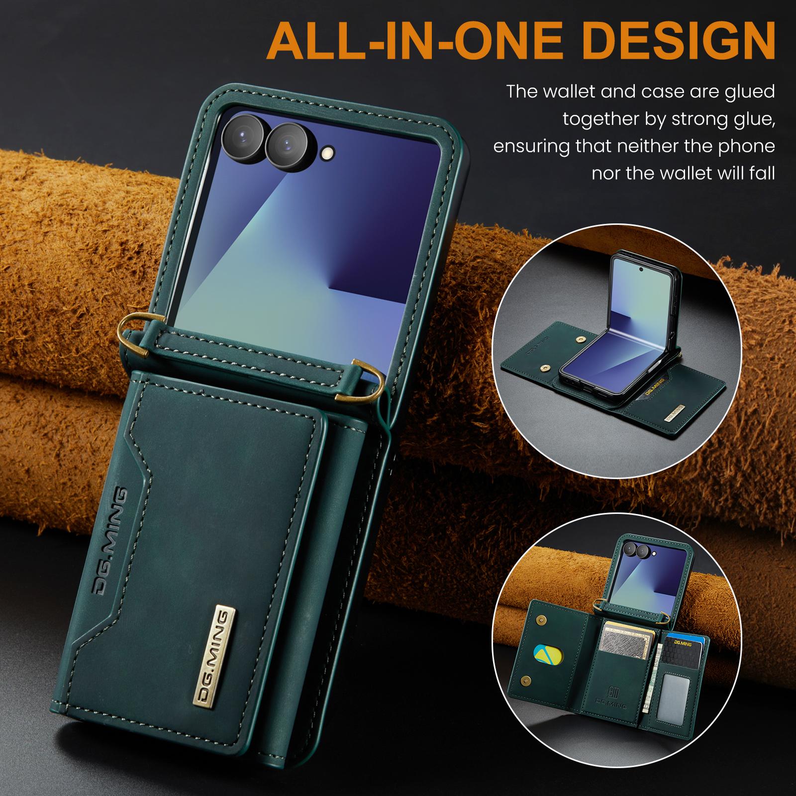 For-Samsung-Galaxy-Z-Flip7-5G-DG.MING-M2-Series-3-Fold-Multi-Card-Bag-hybrid-Magnetic-Phone-Case-with-Long-Lanyard(Green)