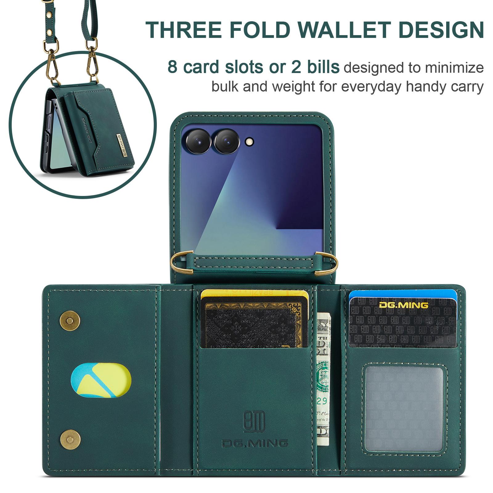 For-Samsung-Galaxy-Z-Flip7-5G-DG.MING-M2-Series-3-Fold-Multi-Card-Bag-hybrid-Magnetic-Phone-Case-with-Long-Lanyard(Green)
