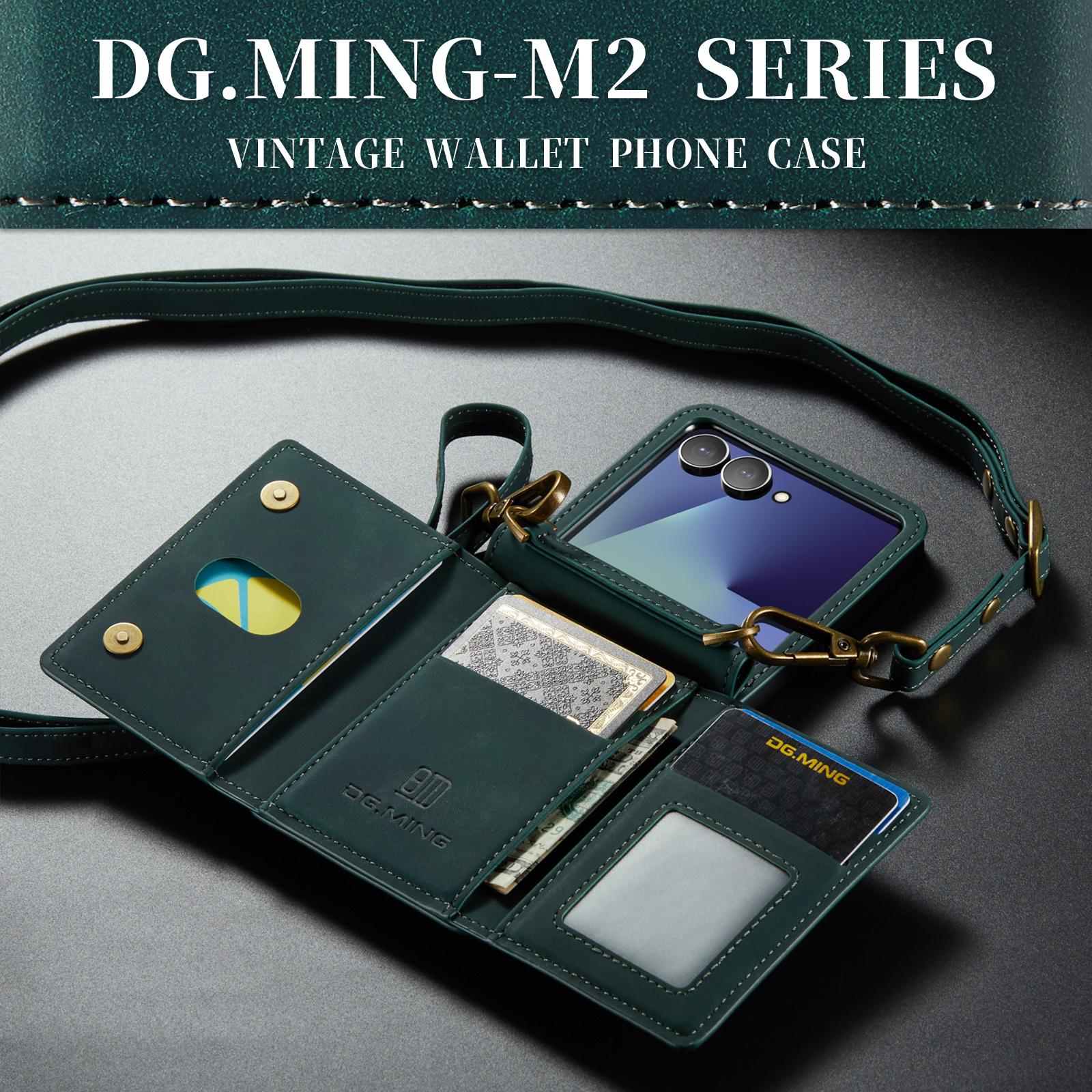 For-Samsung-Galaxy-Z-Flip7-5G-DG.MING-M2-Series-3-Fold-Multi-Card-Bag-hybrid-Magnetic-Phone-Case-with-Long-Lanyard(Green)