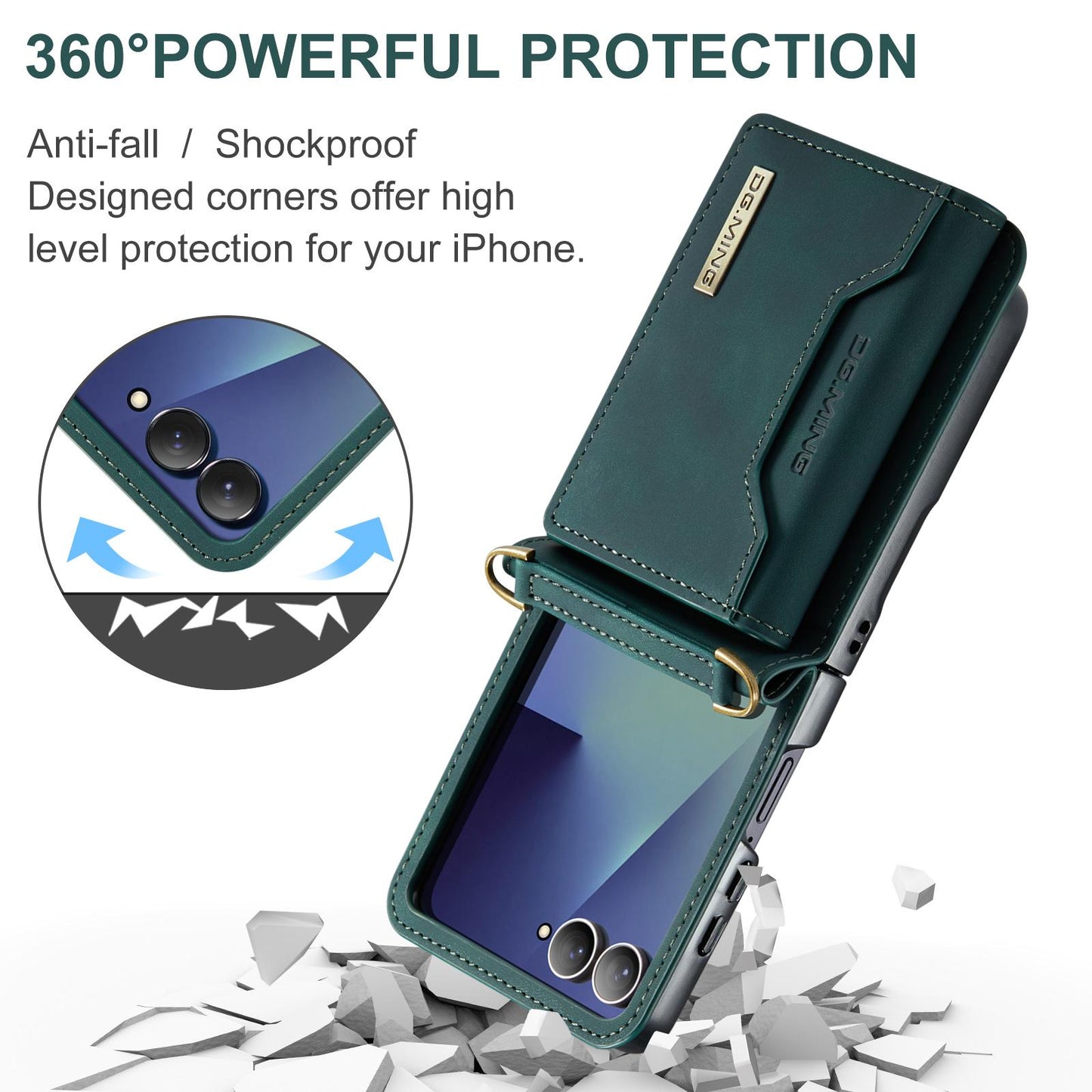 For-Samsung-Galaxy-Z-Flip7-5G-DG.MING-M2-Series-3-Fold-Multi-Card-Bag-hybrid-Magnetic-Phone-Case-with-Long-Lanyard(Green)