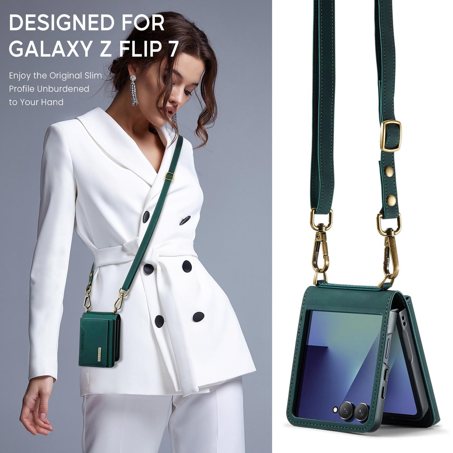 For-Samsung-Galaxy-Z-Flip7-5G-DG.MING-M2-Series-3-Fold-Multi-Card-Bag-hybrid-Magnetic-Phone-Case-with-Long-Lanyard(Green)