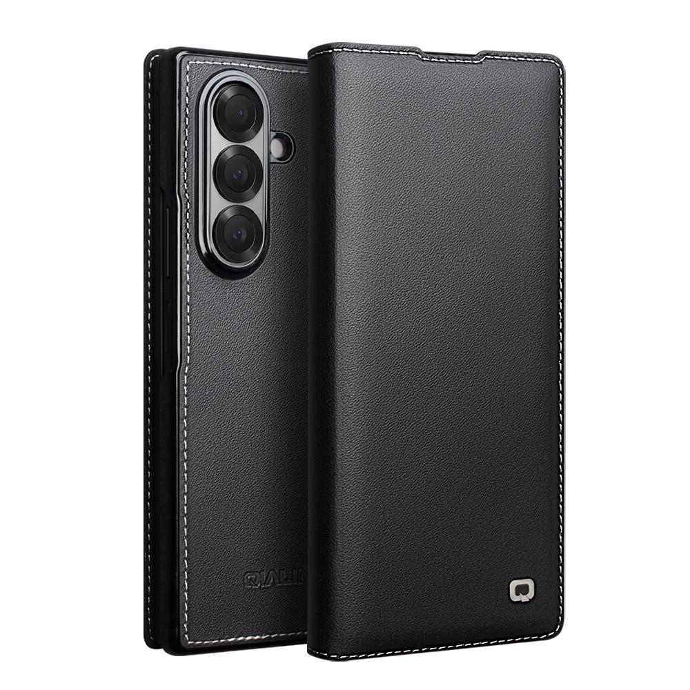 For-Samsung-Galaxy-Z-Fold7-5G-QIALINO-Plain-Weave-Texture-Genuine-Leather-Phone-Case(Black)