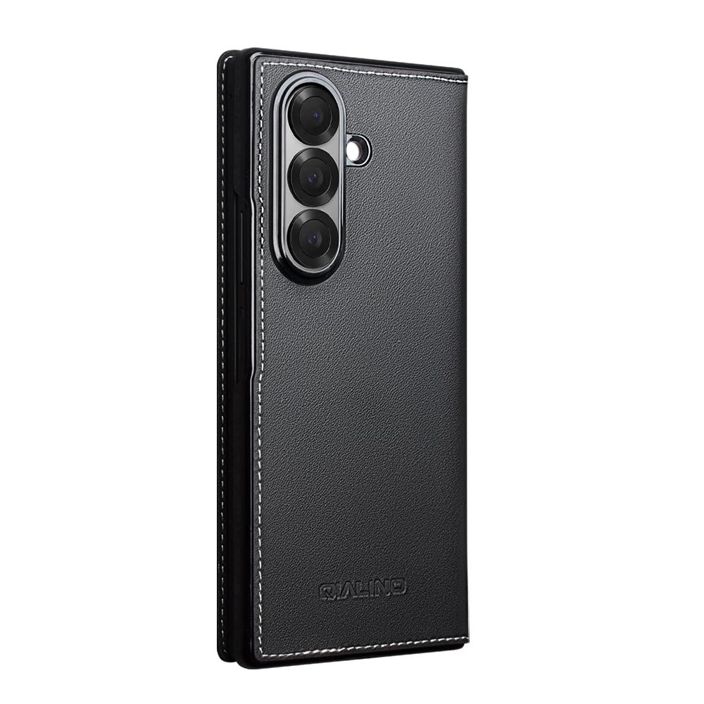 For-Samsung-Galaxy-Z-Fold7-5G-QIALINO-Plain-Weave-Texture-Genuine-Leather-Phone-Case(Black)