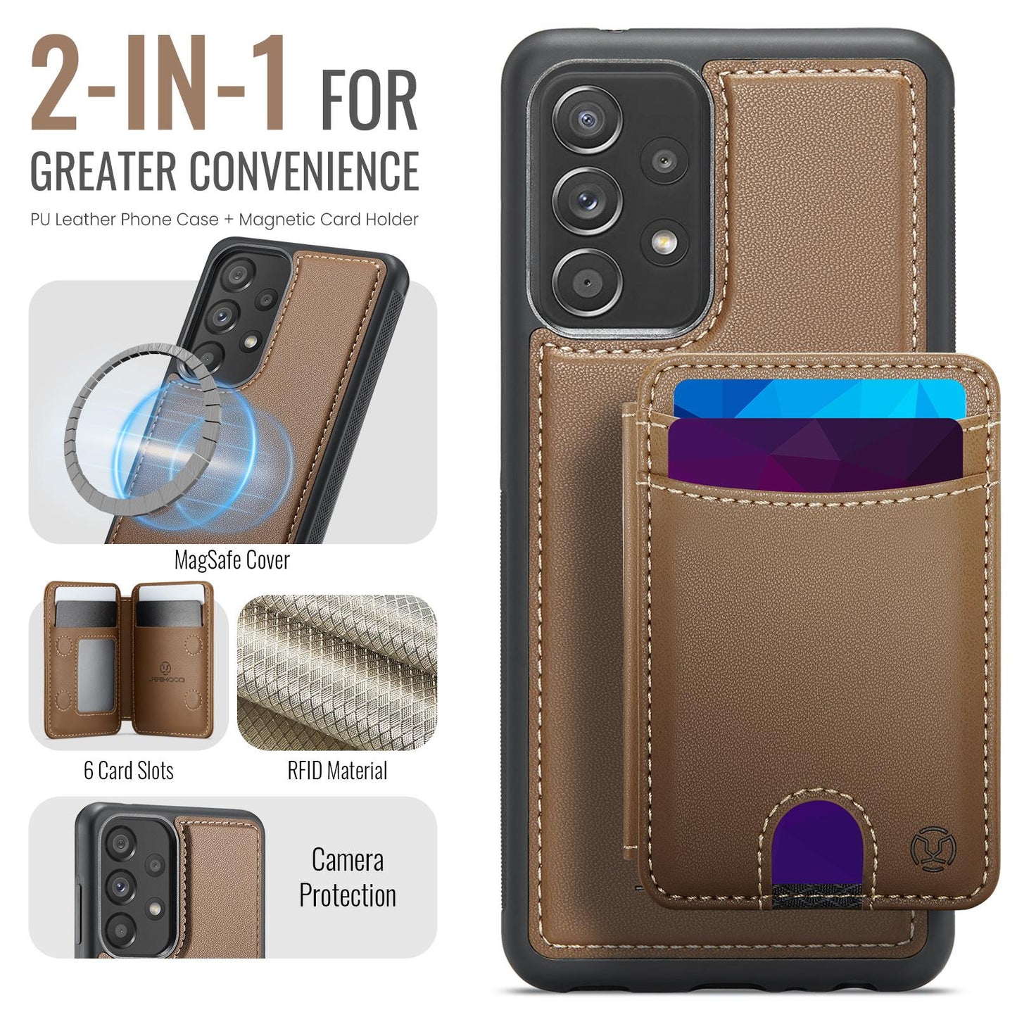 For-Samsung-Galaxy-A33-5G-JEEHOOD-J10-Flip-Card-Bag-MagSafe-Split-RFID-Leather-Phone-Case(Brown)