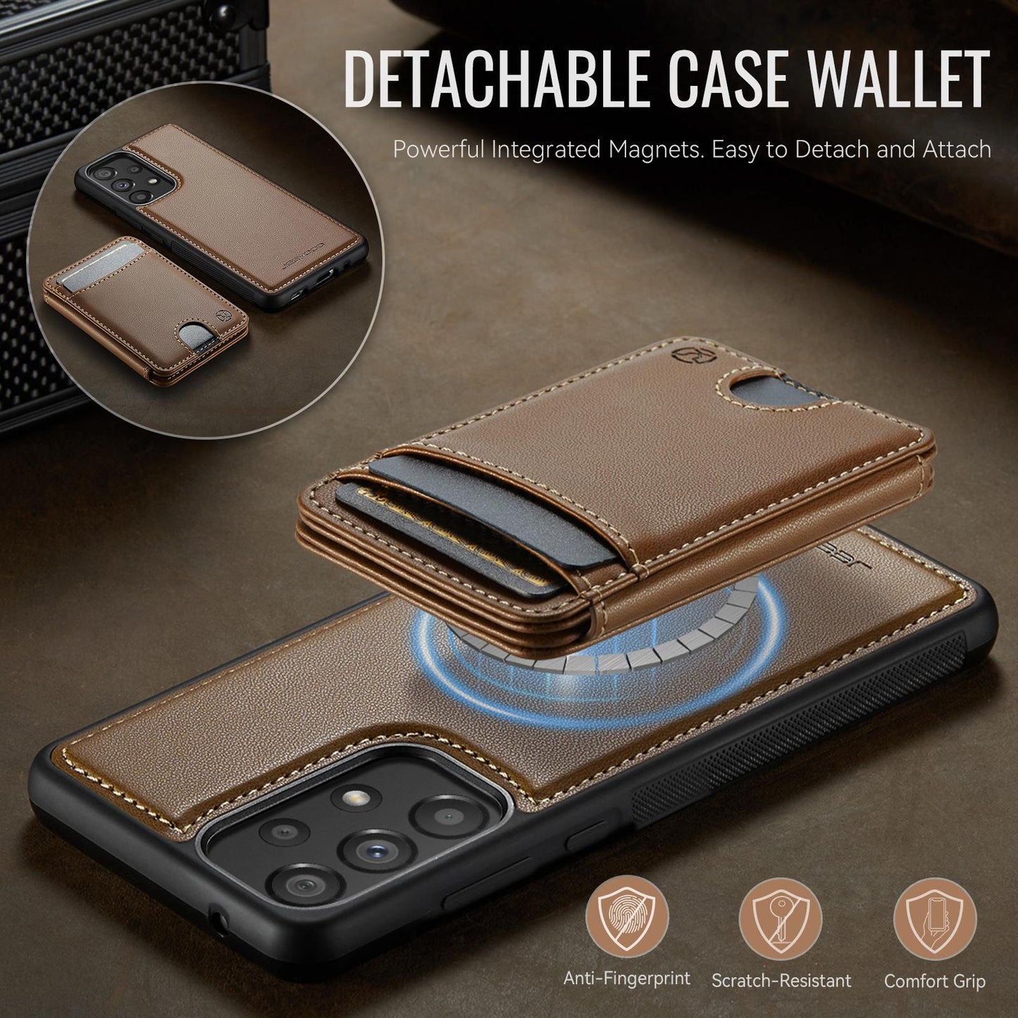 For-Samsung-Galaxy-A33-5G-JEEHOOD-J10-Flip-Card-Bag-MagSafe-Split-RFID-Leather-Phone-Case(Brown)