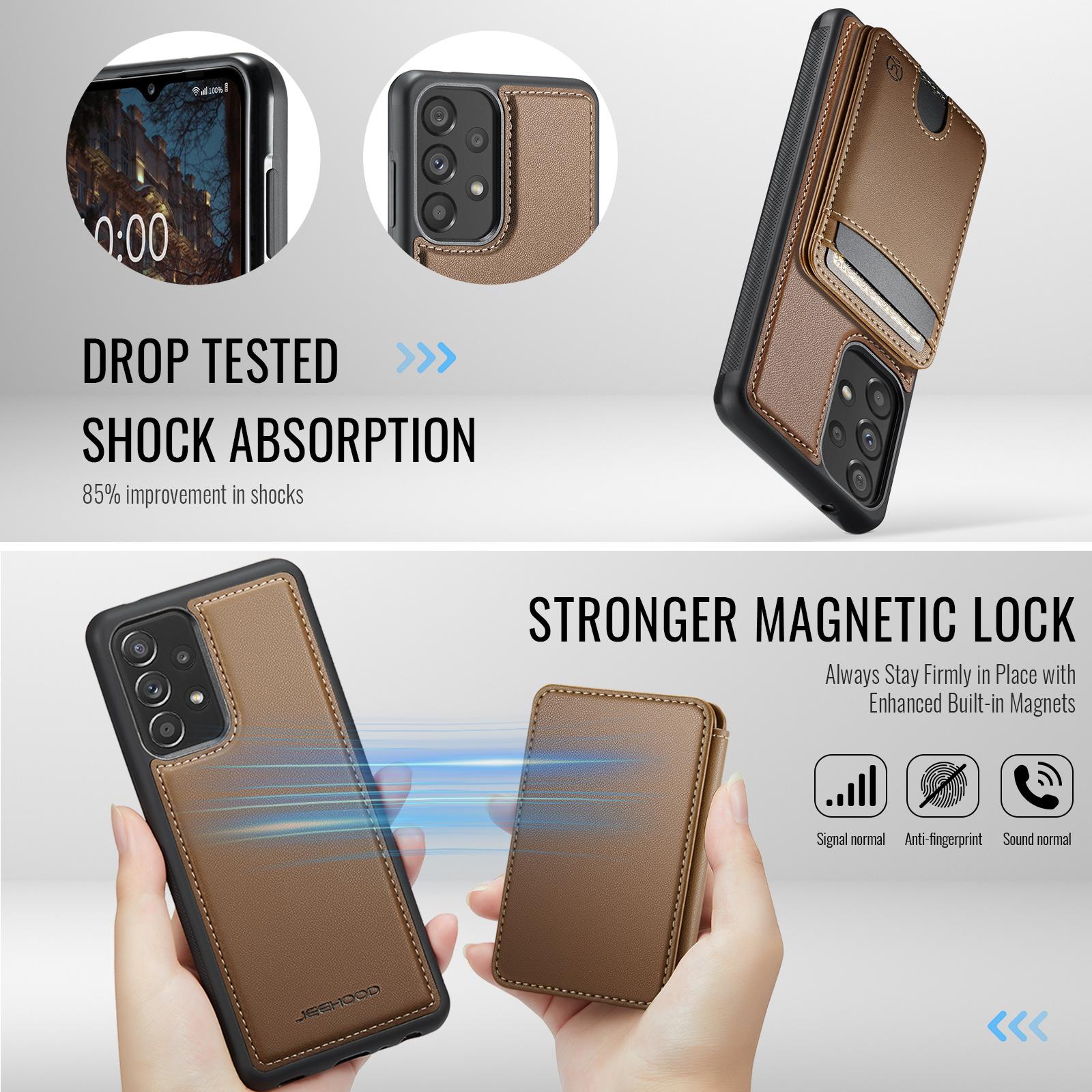 For-Samsung-Galaxy-A33-5G-JEEHOOD-J10-Flip-Card-Bag-MagSafe-Split-RFID-Leather-Phone-Case(Brown)