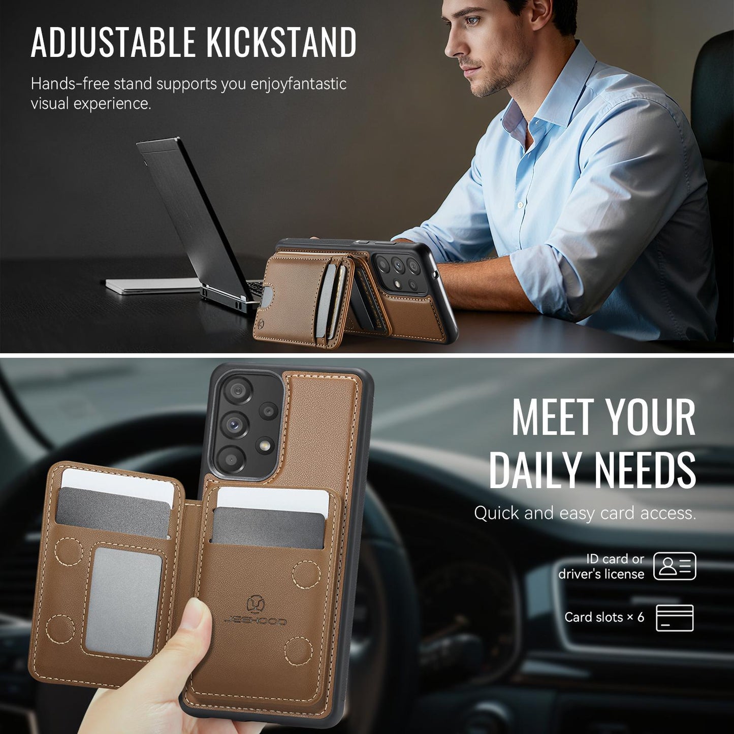 For-Samsung-Galaxy-A33-5G-JEEHOOD-J10-Flip-Card-Bag-MagSafe-Split-RFID-Leather-Phone-Case(Brown)