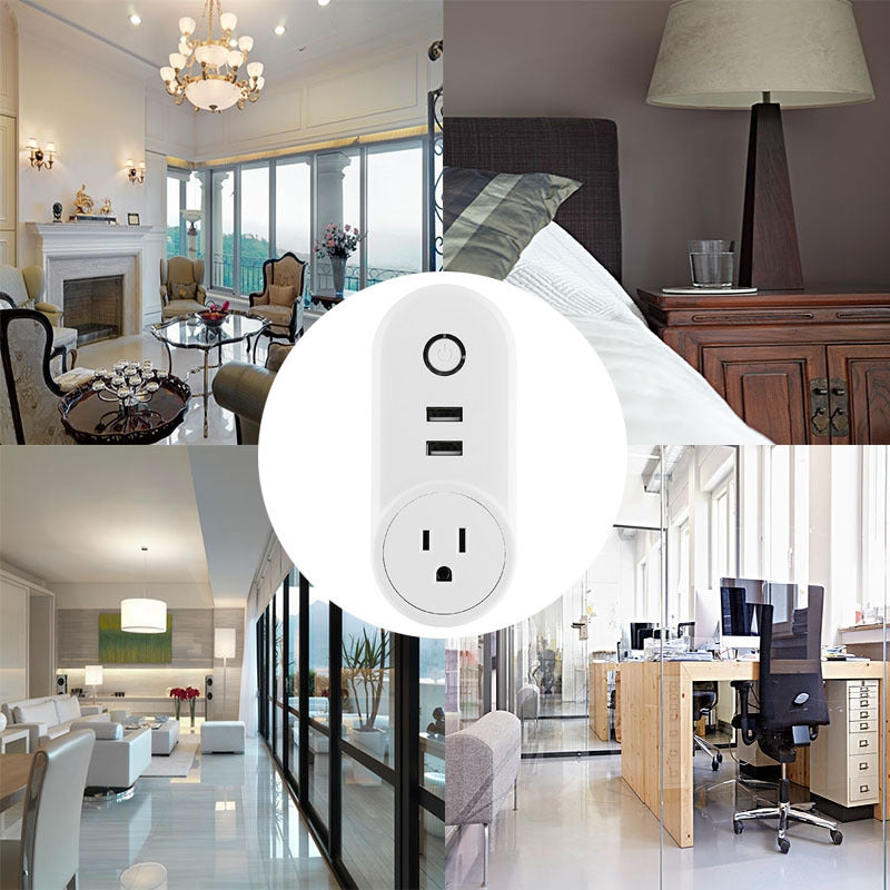 SA-002 2 USB Ports + 1 US Socket WiFi Smart Power Plug Socket, Compatible with Alexa and Google Home, AC 110V-230V, US Plug
