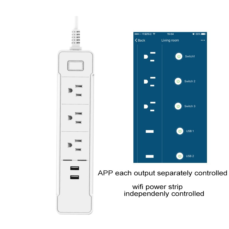 C198A 2 USB Ports + 3 US Sockets WiFi Smart Power Plug Socket, Compatible with Alexa and Google Home, AC 110V-240V, US Plug(White)