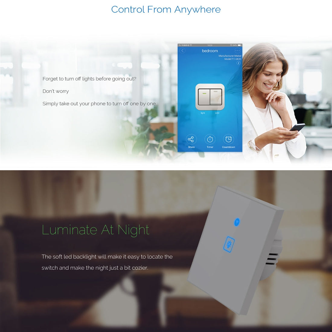 WS-EU-02 EWeLink APP & Touch Control 2A 2 Gangs Tempered Glass Panel Smart Wall Switch, AC 90V-250V, EU Plug