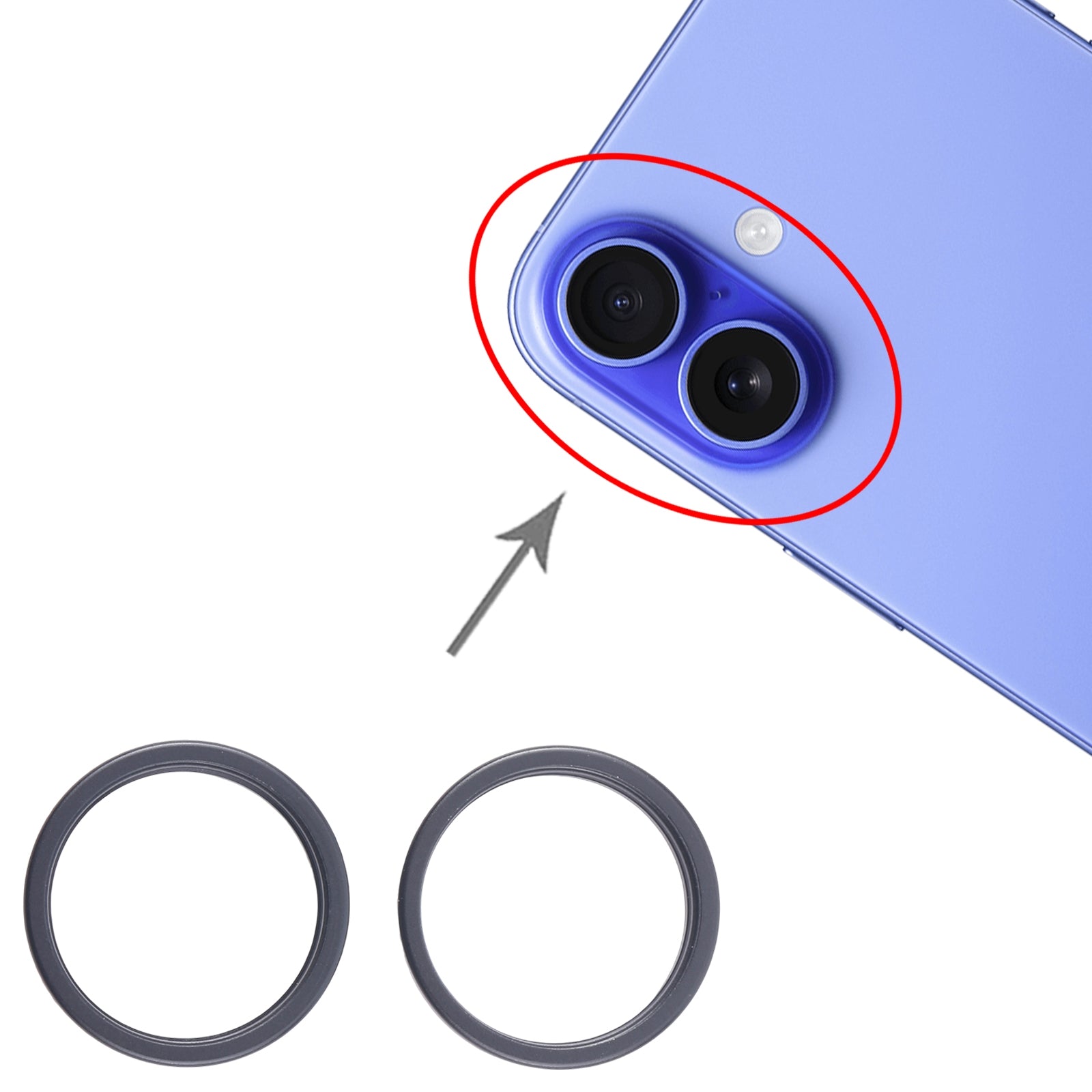 For iPhone 16 Plus 2pcs/set Rear Camera Glass Lens Metal Outside Protector Hoop Ring (Black)