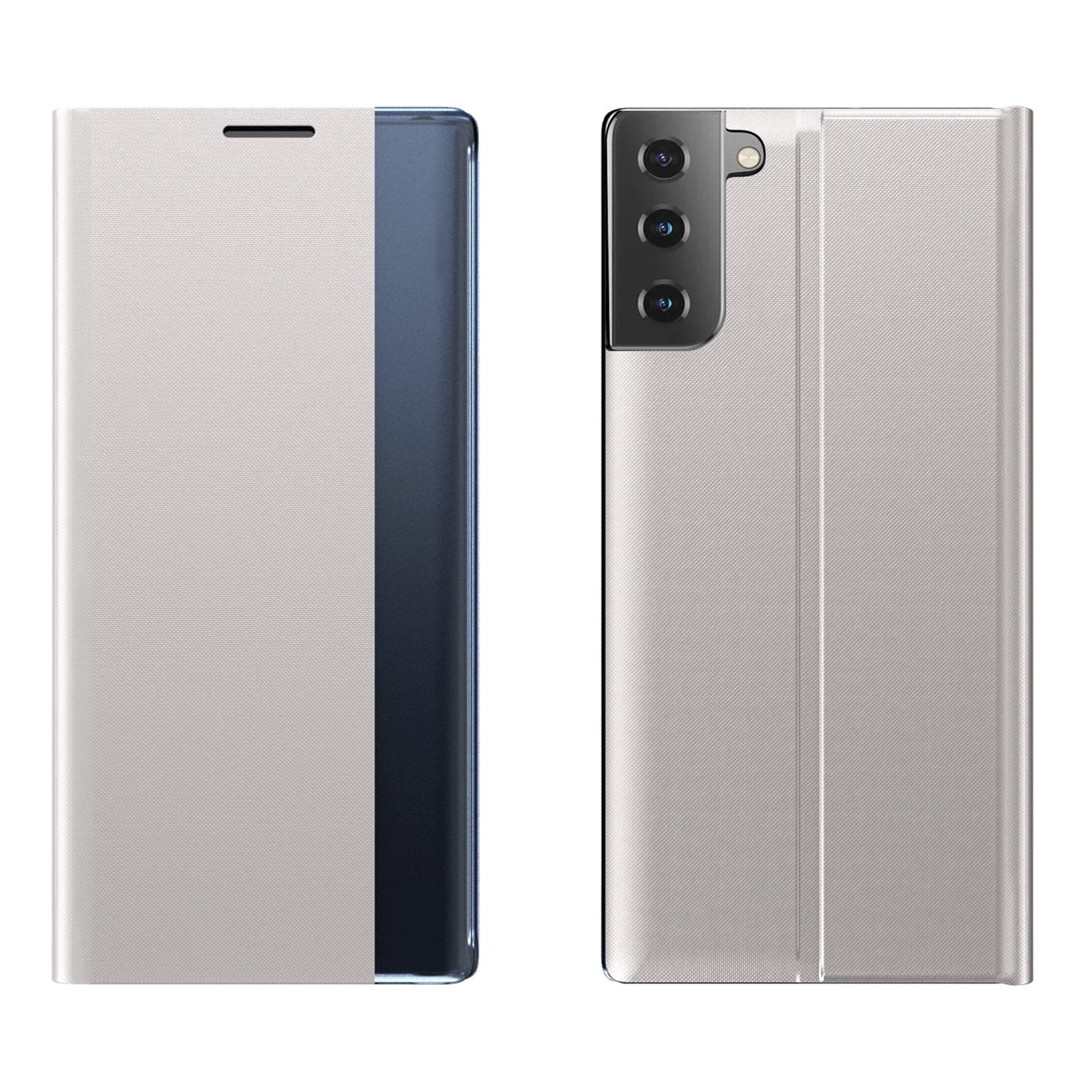 For-Samsung-Galaxy-S21-FE-Plain-Texture-Cloth-Attraction-Flip-Holder-Leather-Phone-Case(Silver)