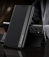 For-Samsung-Galaxy-S21-Ultra-5G-Side-Electroplated-Magnetic-Ultra-Thin-Horizontal-Flip-Leather-Case-with-Holder(Black)
