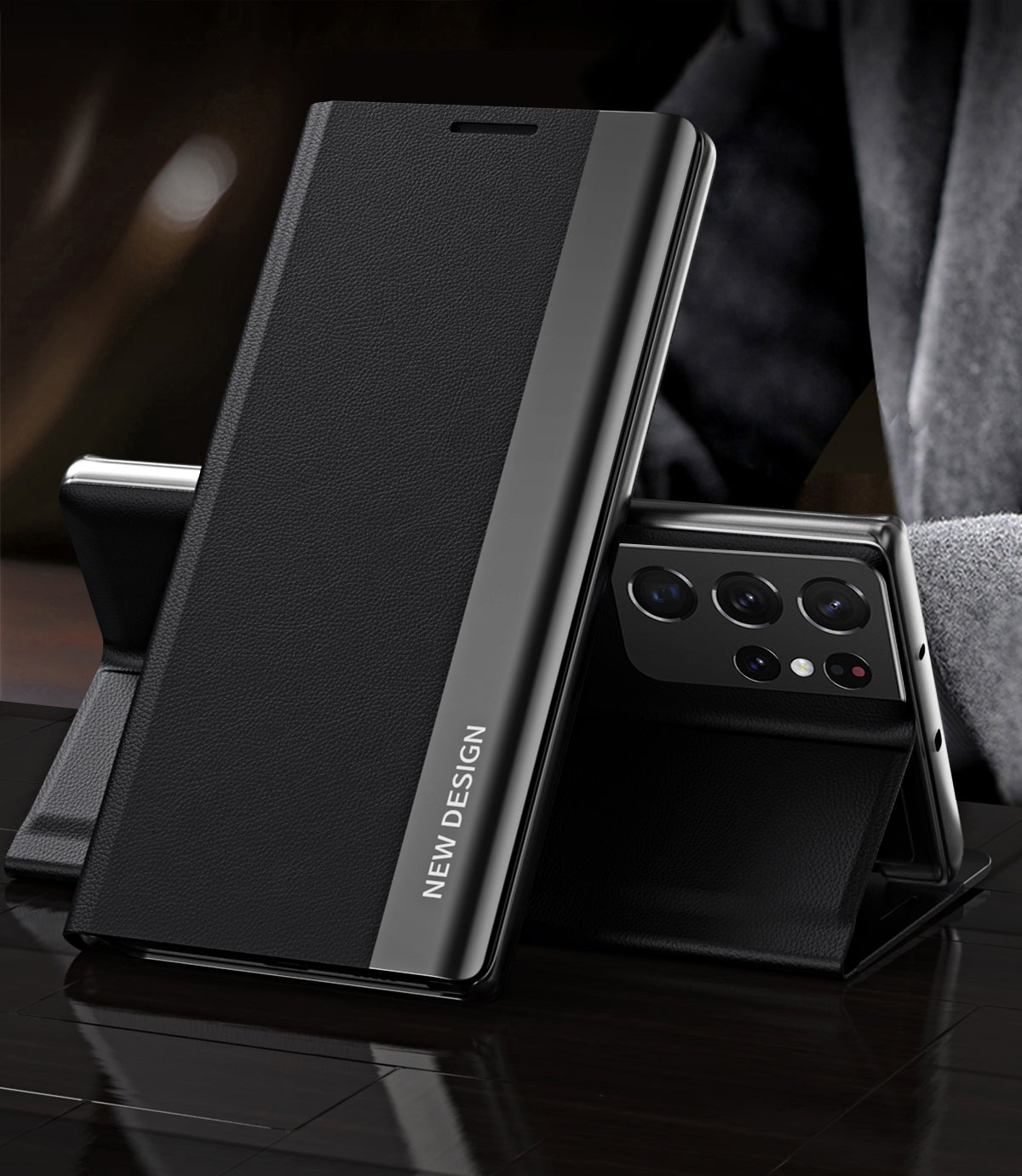 For-Samsung-Galaxy-S21-Ultra-5G-Side-Electroplated-Magnetic-Ultra-Thin-Horizontal-Flip-Leather-Case-with-Holder(Black)