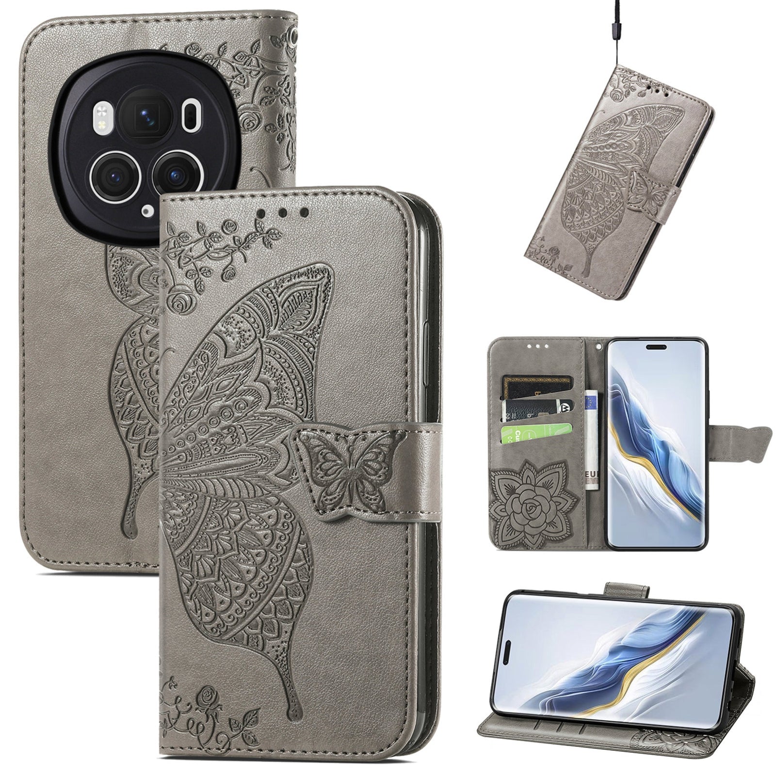 For-Honor-Magic6-Pro-Butterfly-Love-Flower-Embossed-Leather-Phone-Case(Gray)