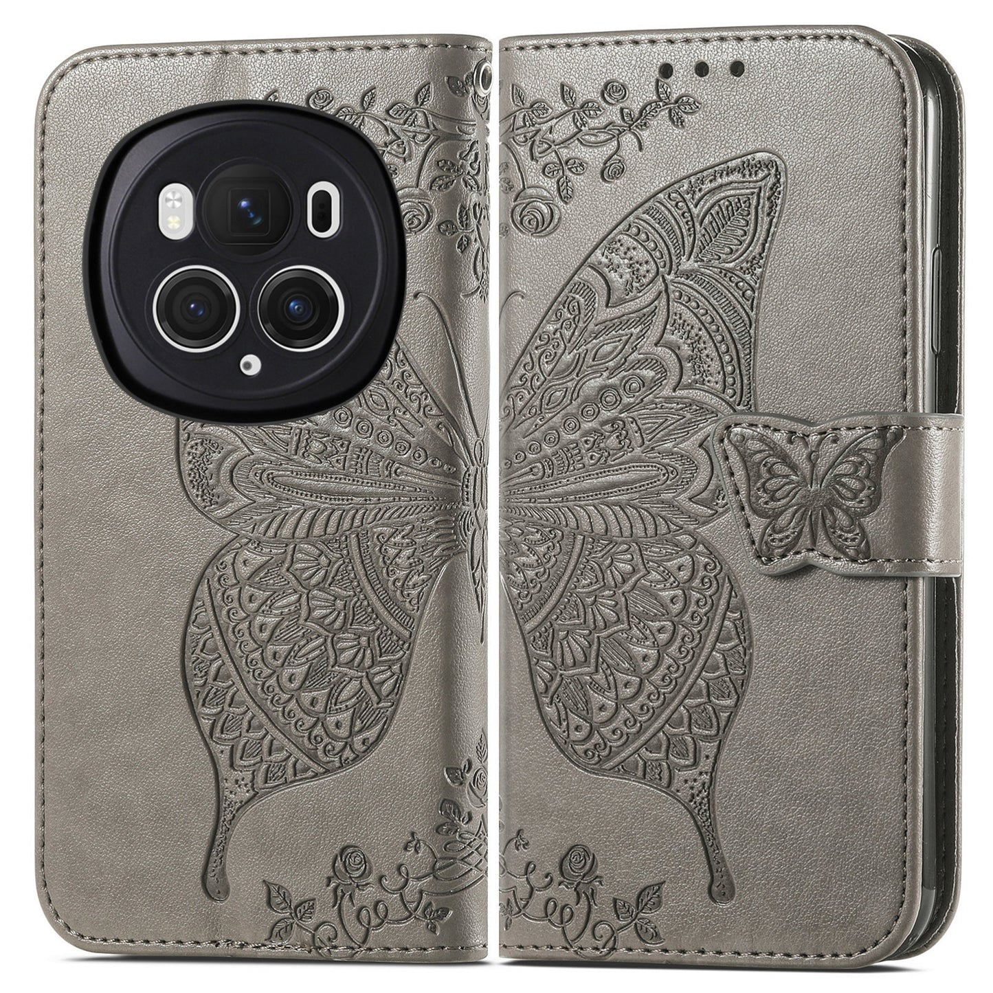 For-Honor-Magic6-Pro-Butterfly-Love-Flower-Embossed-Leather-Phone-Case(Gray)