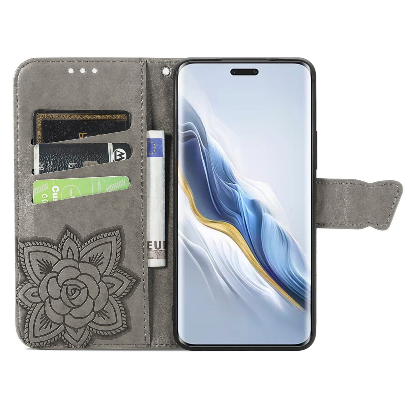 For-Honor-Magic6-Pro-Butterfly-Love-Flower-Embossed-Leather-Phone-Case(Gray)