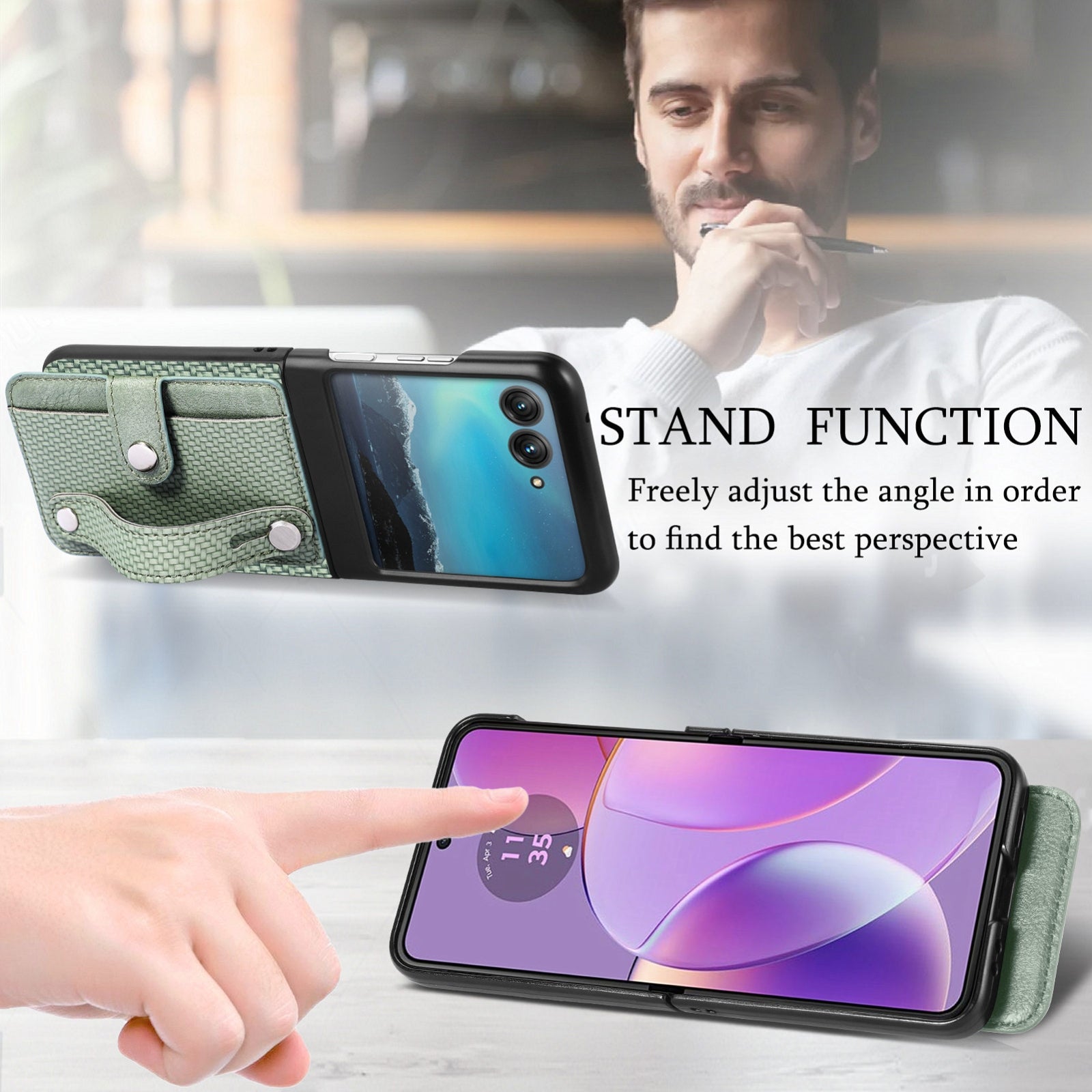 For-Motorola-Razr-40-Ultra-Wristband-Kickstand-Card-Wallet-Back-Cover-Phone-Case(Green)