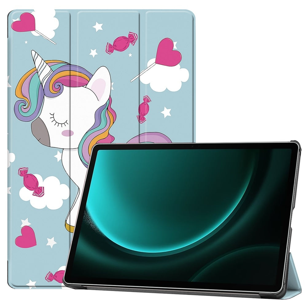 For-Samsung-Galaxy-Tab-S9-FE+-12.4-Custer-Painted-3-Fold-Stand-Leather-Smart-Tablet-Case(Unicorn)