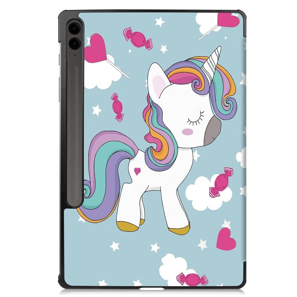 For-Samsung-Galaxy-Tab-S9-FE+-12.4-Custer-Painted-3-Fold-Stand-Leather-Smart-Tablet-Case(Unicorn)