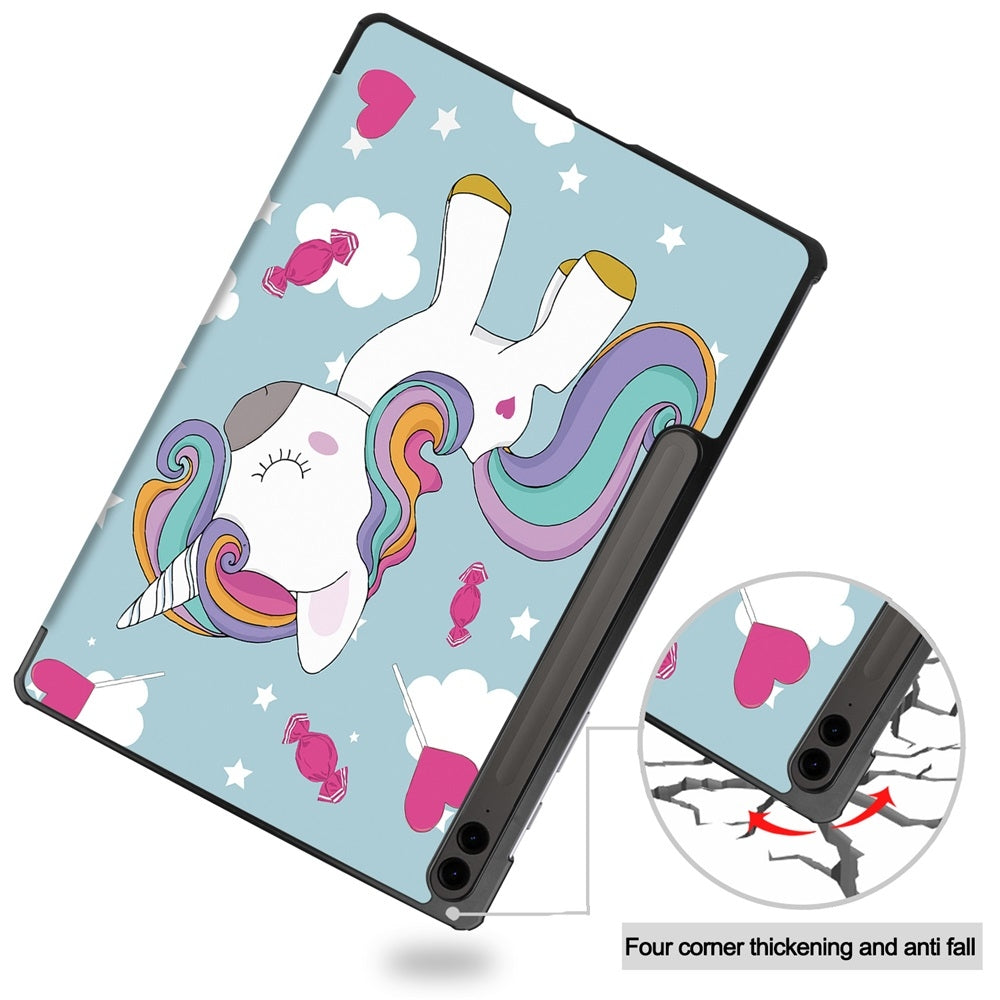 For-Samsung-Galaxy-Tab-S9-FE+-12.4-Custer-Painted-3-Fold-Stand-Leather-Smart-Tablet-Case(Unicorn)