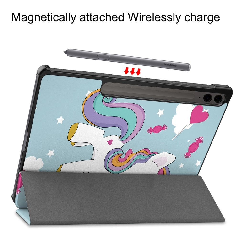 For-Samsung-Galaxy-Tab-S9-FE+-12.4-Custer-Painted-3-Fold-Stand-Leather-Smart-Tablet-Case(Unicorn)