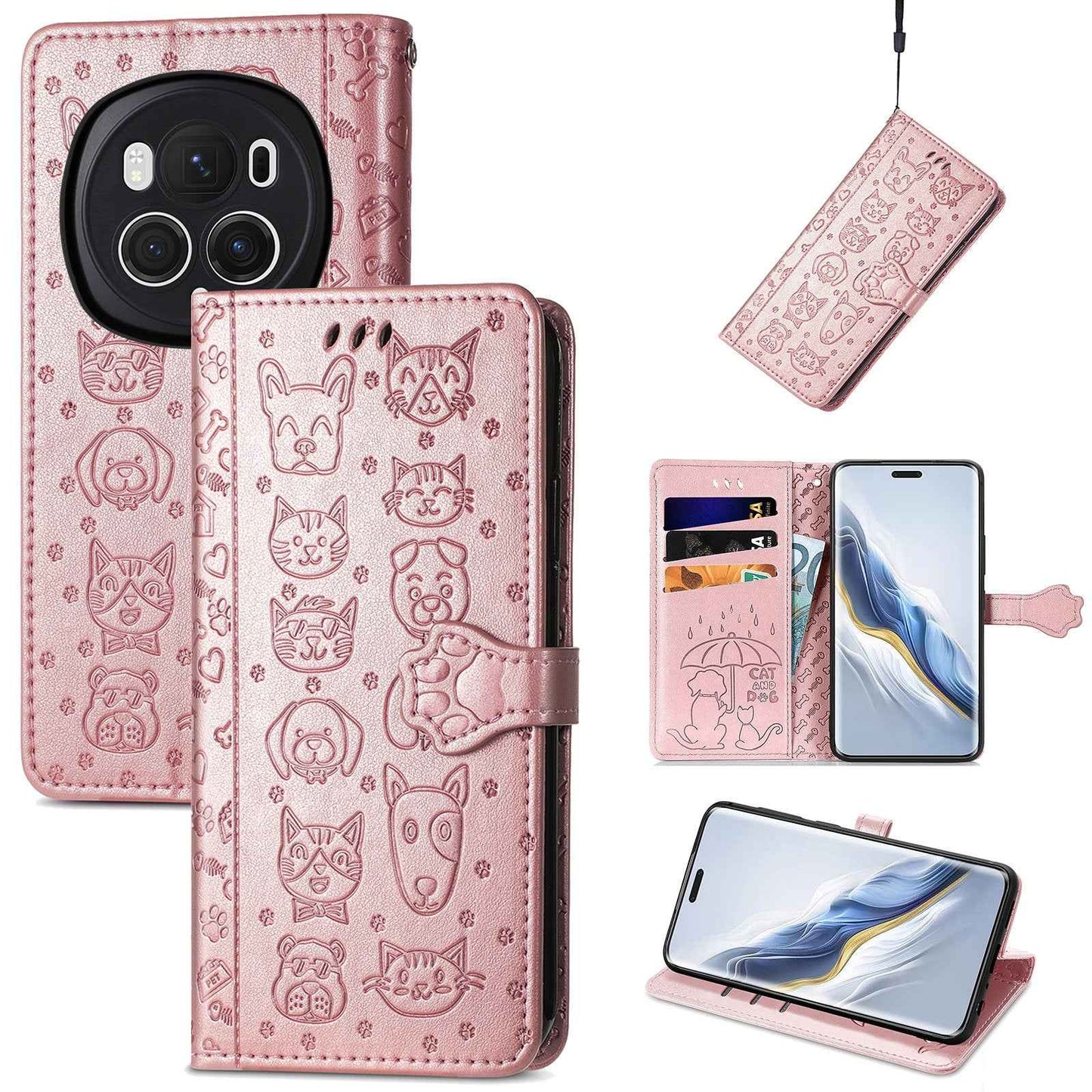 For-Honor-Magic6-Pro-Cat-and-Dog-Embossed-Leather-Phone-Case(Rose-Gold)
