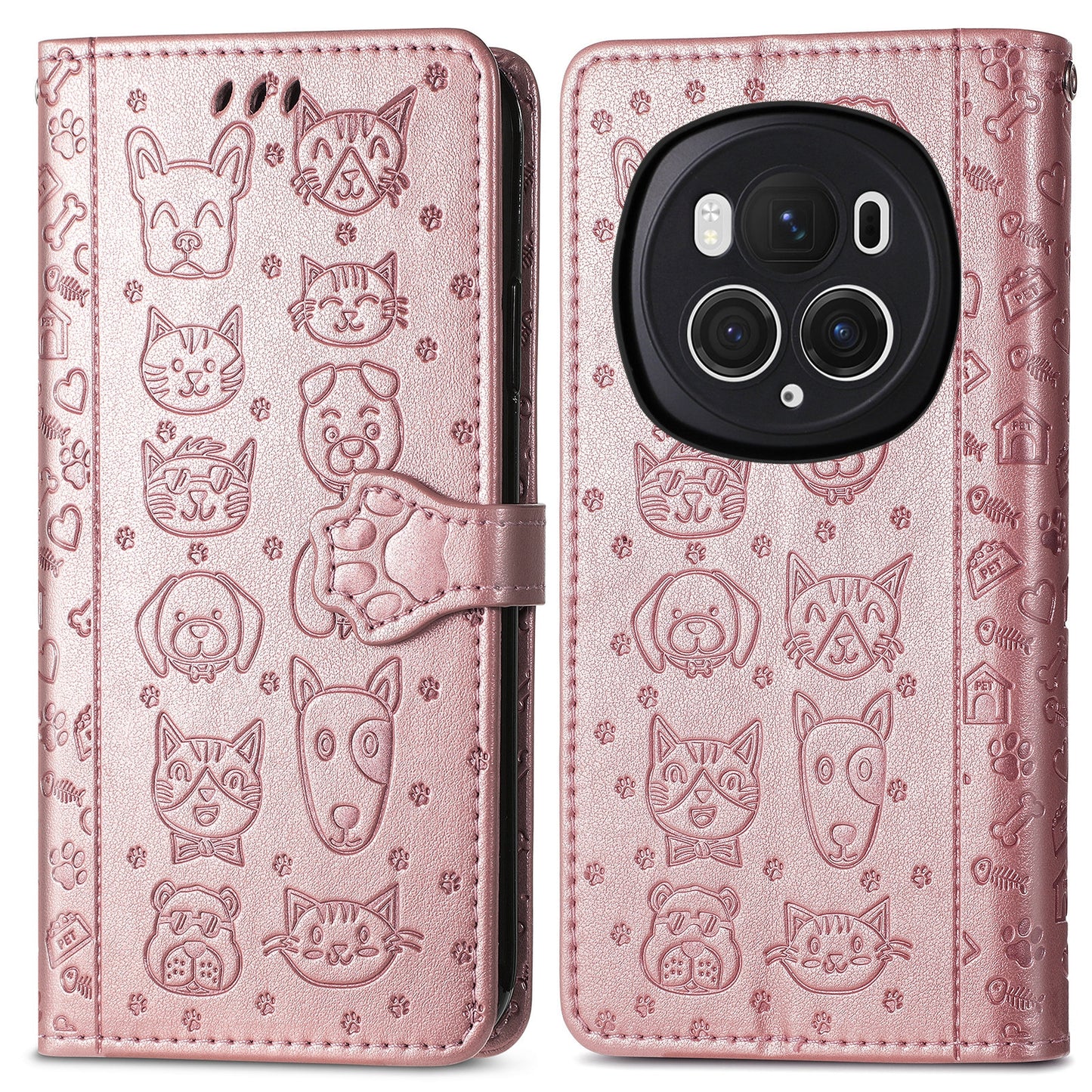 For-Honor-Magic6-Pro-Cat-and-Dog-Embossed-Leather-Phone-Case(Rose-Gold)