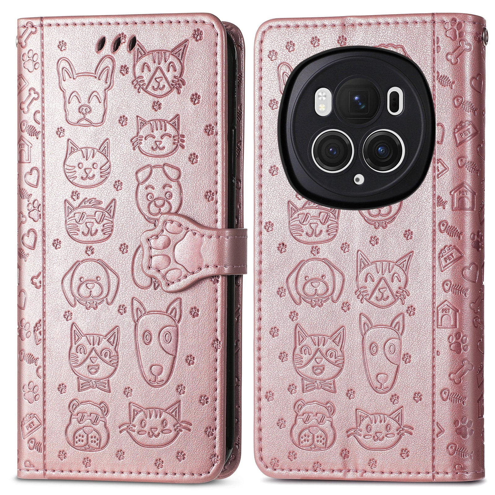 For-Honor-Magic6-Pro-Cat-and-Dog-Embossed-Leather-Phone-Case(Rose-Gold)