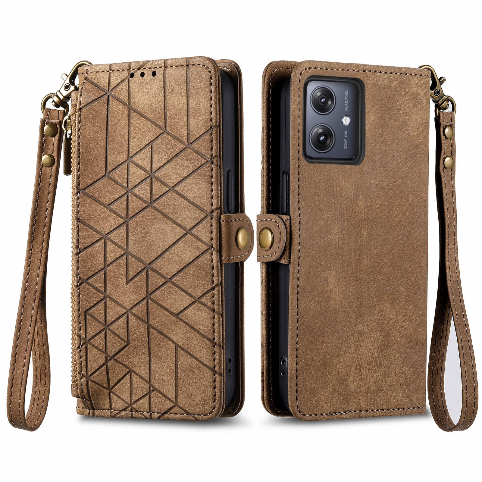 For-Motorola-Moto-G54-5G-Geometric-Zipper-Wallet-Side-Buckle-Leather-Phone-Case(Brown)