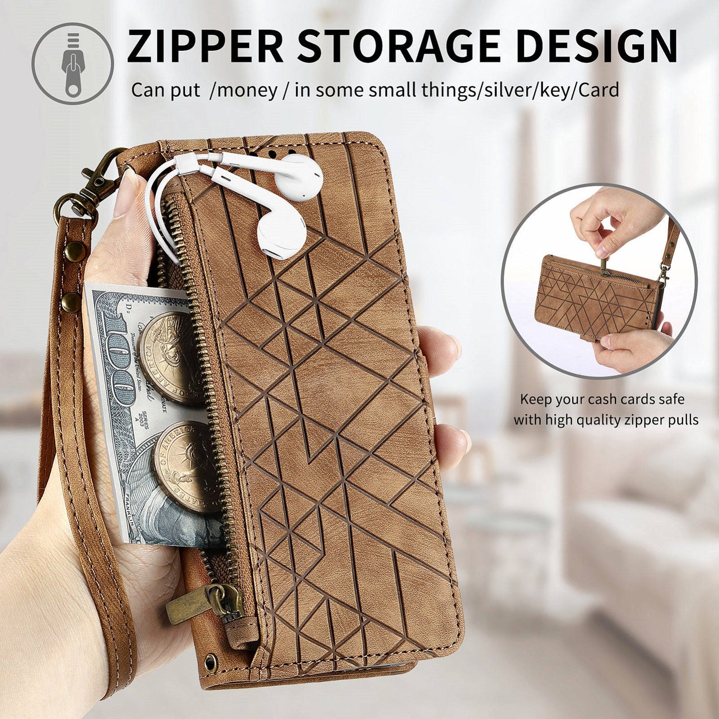 For-Motorola-Moto-G54-5G-Geometric-Zipper-Wallet-Side-Buckle-Leather-Phone-Case(Brown)
