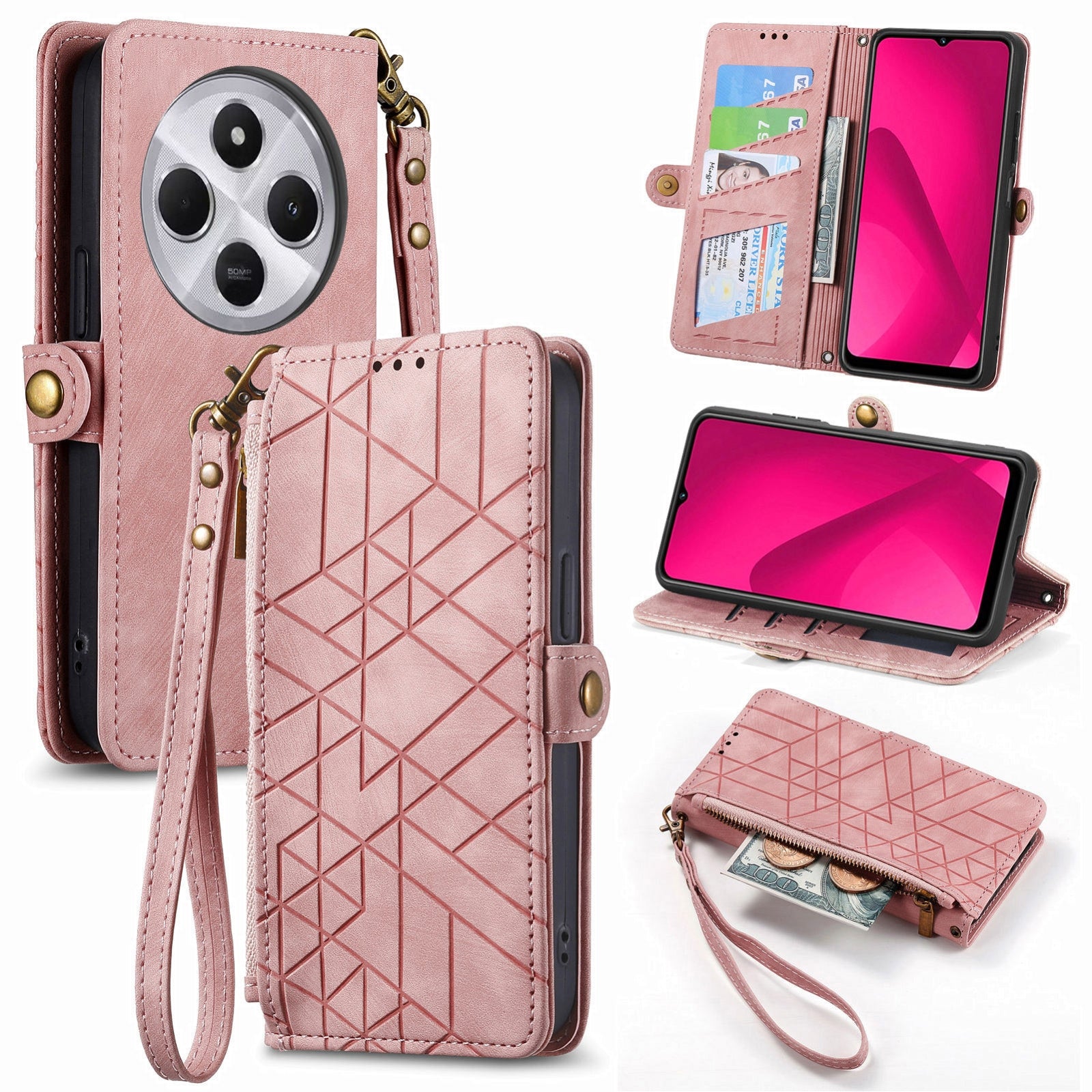 For-Xiaomi-Redmi-14C-Geometric-Zipper-Wallet-Side-Buckle-Leather-Phone-Case(Pink)
