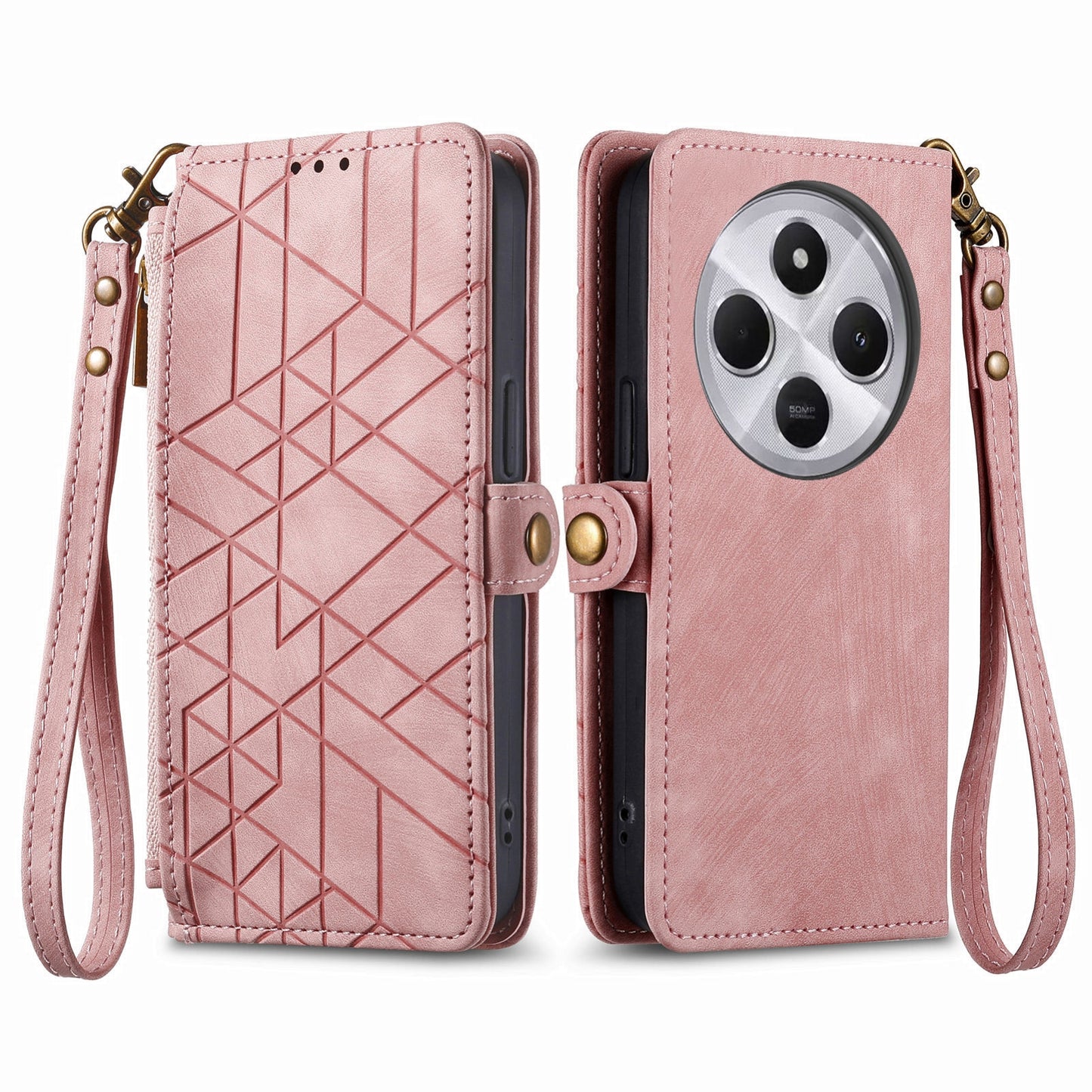 For-Xiaomi-Redmi-14C-Geometric-Zipper-Wallet-Side-Buckle-Leather-Phone-Case(Pink)