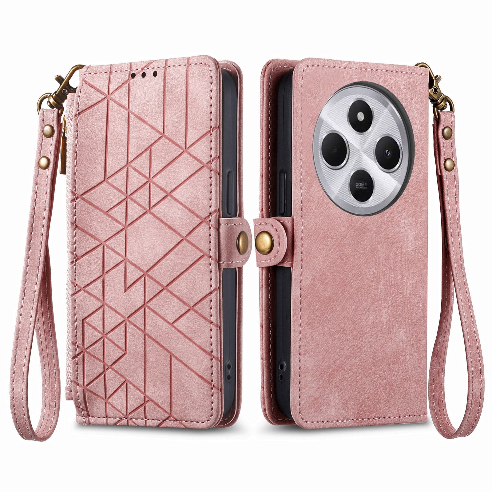 For-Xiaomi-Redmi-14C-Geometric-Zipper-Wallet-Side-Buckle-Leather-Phone-Case(Pink)