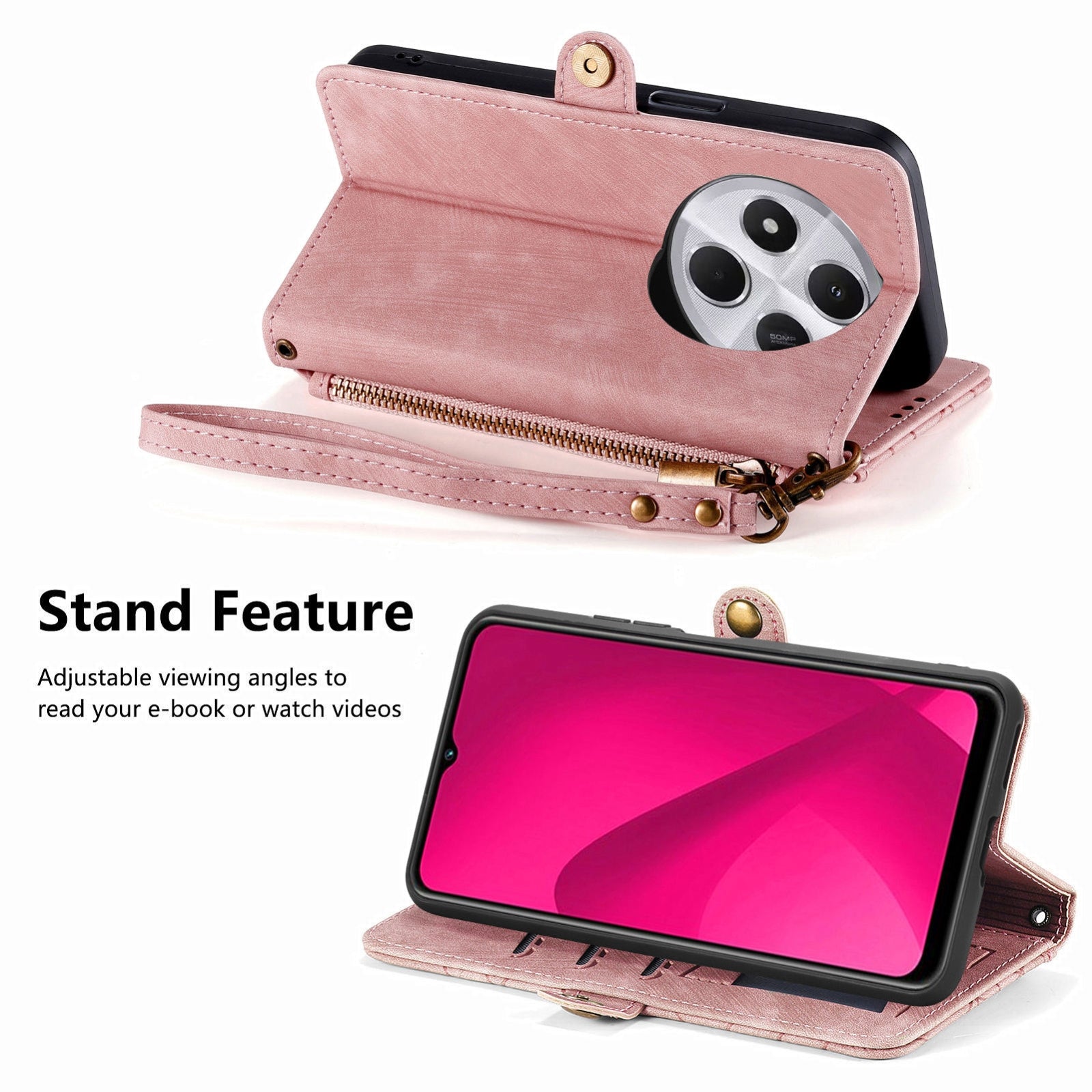 For-Xiaomi-Redmi-14C-Geometric-Zipper-Wallet-Side-Buckle-Leather-Phone-Case(Pink)